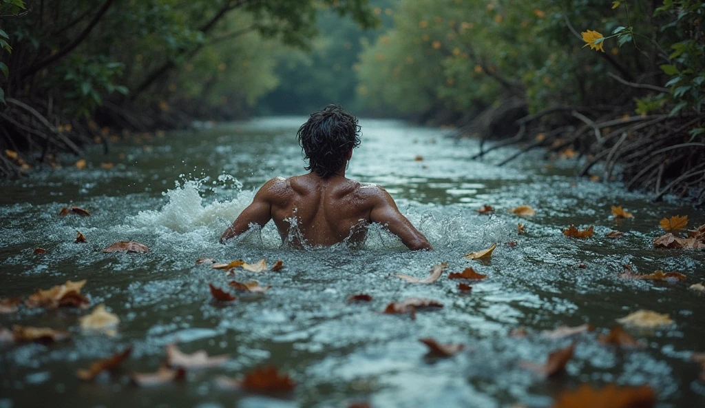 photorealistic,shirtless muscular man, wet body, sinks into a mud pit partially while trying to escape desperately ,