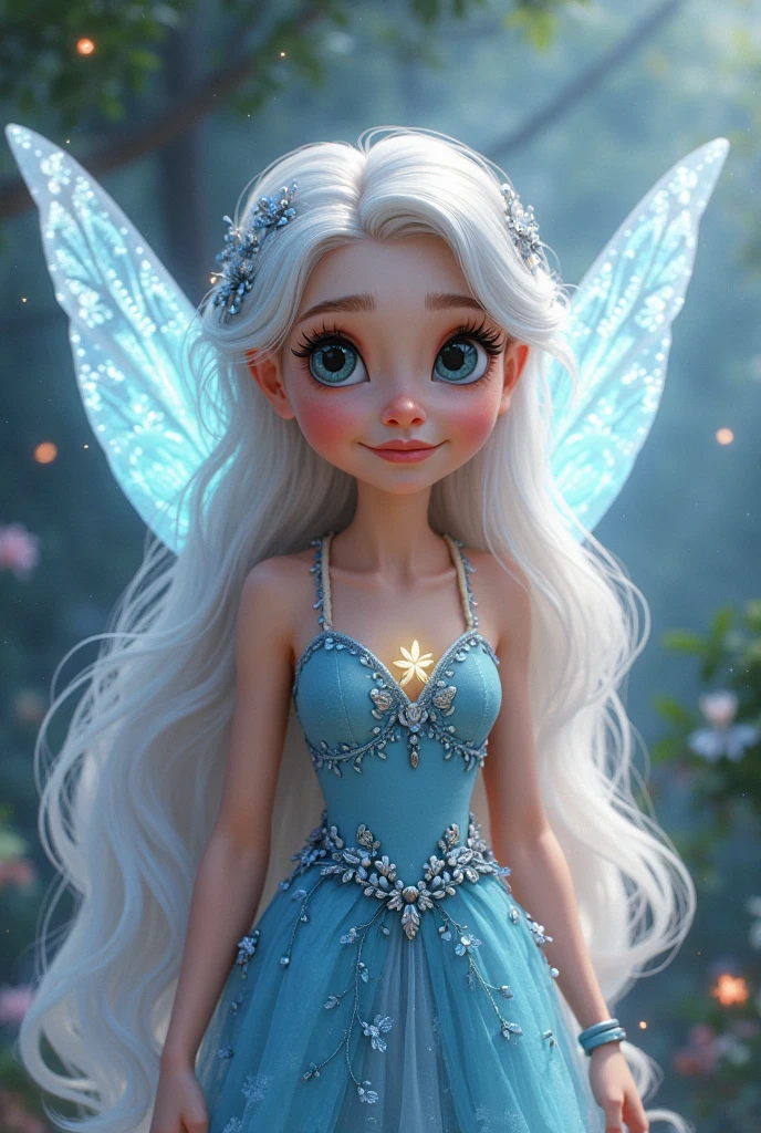 style de dessin des winx believix, a fairy with long wavy white hair, controls snow, cold and ice, golden eyes and a silver diadem on her head