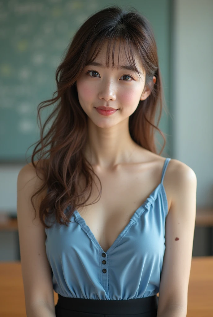 (A 20-year-old female), (Flower Clothing), (Breast bump),((In the physics class)), (Surrealism), (easy), (Improve resolution), (8 Kurds), (Extremely detailed), (Best Illustration Award), (Beautiful and delicate eyes), (best quality), (Ultra Detailed), (On the table ), ( wallpaper), (Delicate face), Fine details, Deep Shadows, Low profile, Smile, nipple