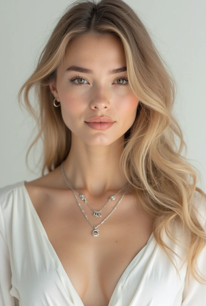 makeup, mascara, simple color palettes, woman 25 years old, blonde hair,  (( 1girl )) stylish, full lips, short hair, Clean, full body shot, looking straight to the camera, passionate look,  Elegant and luxurious materials an
d designs, Simple, minimal accessories, Slim necklaces and rings in silver or gold, Simple bangles, Distinctive designs, , simple and sophisticated style, elegance, minimalism, high quality materials, wearing white silky robe and sexy lingerie inside, busty, [Victoria Beckham], [[Agenlina Jolie]]