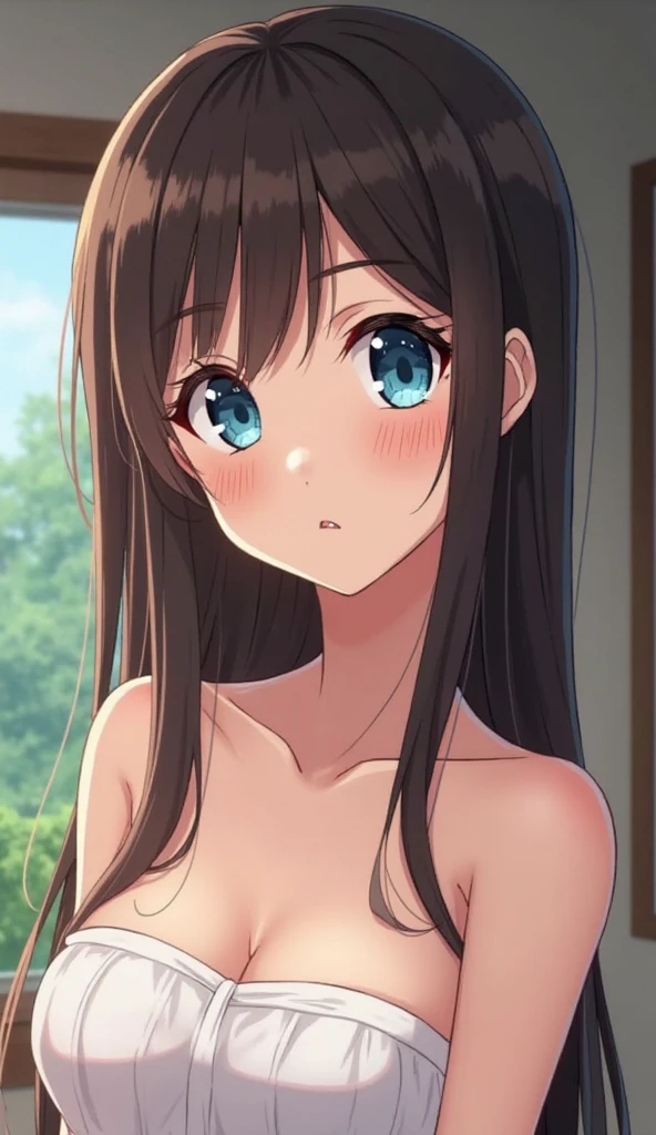 ((best quality)), ((masterpiece)), ((detailed)), (((perfect face))), (((18yo age girl))), (((medium breasts))), (((dark blue pleated skirt))), ((dark brown hair)), ((short ponytail)), (((blue eyes))), (((shy smile))), (((blushing:1.5))), (((bare arms))), (((bare shoulders))), (((bare stomach))) (((gardens, trees))), (((standing))), (((((topless))))), (((bare chest))), (((standing))), (((girl looking at viewer))), (((close up on upper body)))