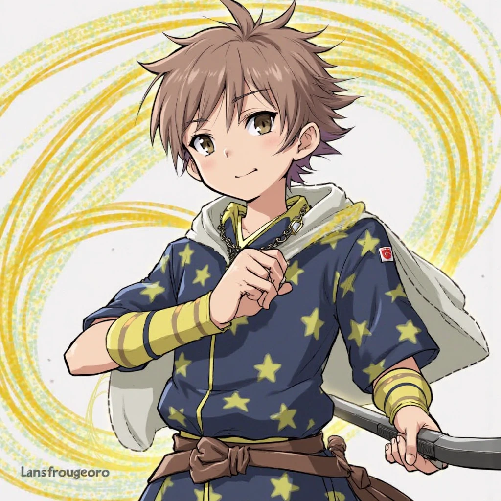 Nichirin's cutting wire color: extremely bright yellow, but the cutting wire is very thin.
Katana blade color: preta.
Tsuba: a brown ship's rudder, with 6 ends
Cape: stitched in white with bright blue stones
Written on the blade: "Ascending Hope, I tear the dark", but in JapaneseNow the character
Can you do one more
Onis Hunter Profile — Kimetsu no Yaiba
1.
character name : Filuz Aikyo
1.
Idade: 19 years
1.
Gender: Male
1.
Height and Body: 1,81m, thin and a bit muscular
1.
Eye color and hair : unique bright brown eyes, Lightly disheveled brown hair and medium size
1.
Breathing Style: breathing Light
A slightly brown white.
personality: An extremely bright yellow.
Haori (Color and Pattern): dark blue with black (four-pointed stars) bright yellow, reminiscent of the night sky
1.
Cor de pele: An impulsive and playful.
Hunter pattern uniform color: is the standard uniform, details
Extra detail, please don't make his face so serious and mature, he wouldn't be like that
And remember to do the whole image in the Demon Slayer anime style
In the style of DEMON SLAYER
In Anime Style