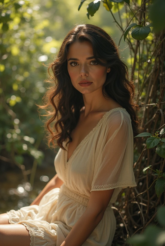 realistische frau 19 jahre, braune augen, braune haare, latina, realistische gesichtsstruktur, Model Body, Lovely face, portrait foto full body, round breasts, schlank, Sitting on a bed in a cozy wooden house, das im wald steht