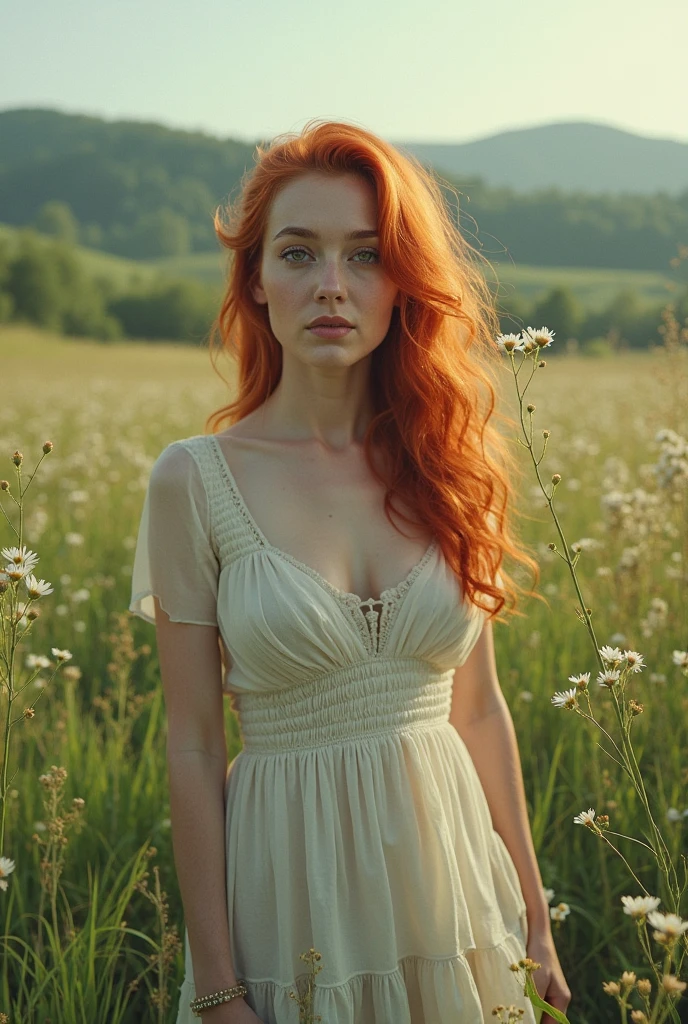 Redhead girl, 18-years old, nakeness, close, waist framing. She looks at a point beyond the viewer. One of the straps on your dress is down, revealing part of her small breast. Provence. haze. 超detailded.  Provence. Foggy . High grain film. retro photography, David Hamilton Style. Analog photography. grainy. nymph.