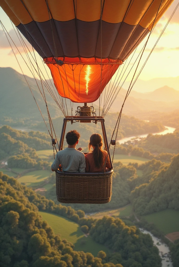 romantic Indonesian couple; man with short black hair; woman with long straight black hair, sitting in a basket with a hot air balloon, colorful hot air ballon, hanging from a hot air balloon, as an air balloon, flying towards the camera, stunning surrealist sky, depictation landscape, they are smilling, happy, romantic pose, taken on go pro hero8, flying in the air, hot air balloons, up, facing the camera, photorealistic, 1536px, high quality.