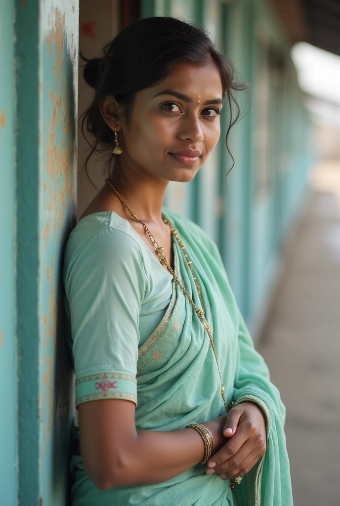 A woman who is washing cloth on the ghat who looks very beautiful and she is wearing a sari is green