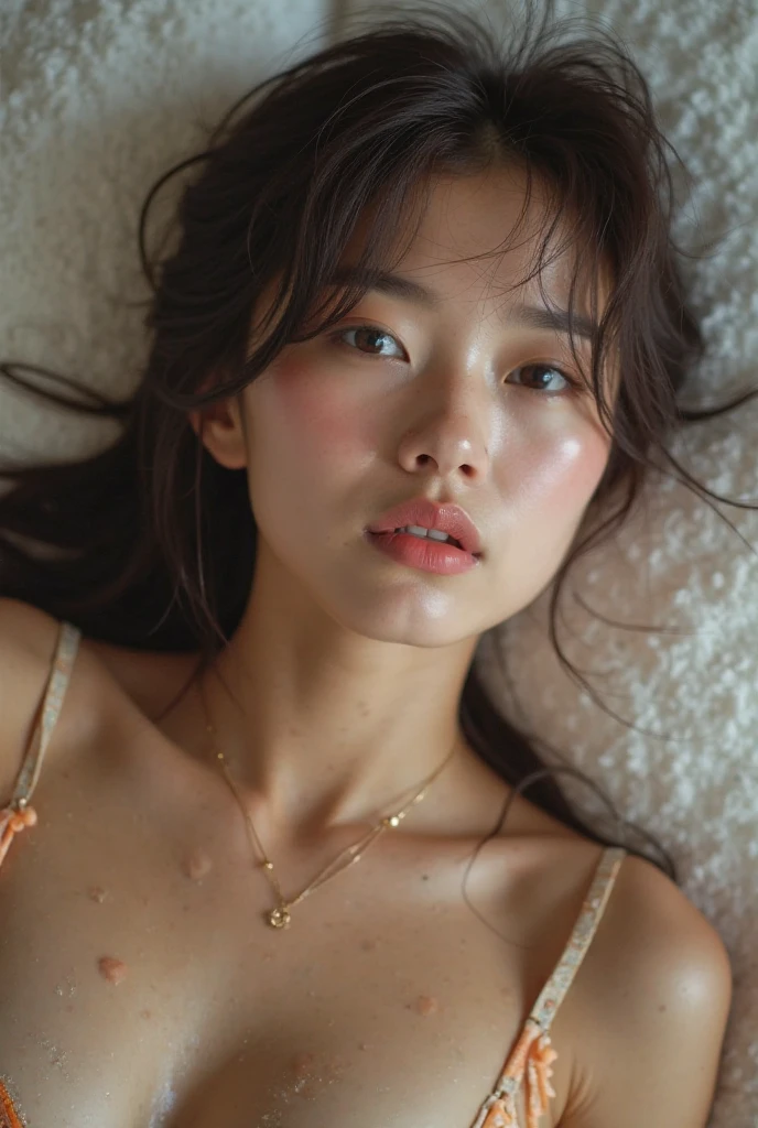 Completely nakedの女の子、20-year-old、cute、beautiful beauty、realistic, 8K, 1 girl, eyes with abnormal iris, (toned abdominal muscles)、Beautiful woman、beautiful shaped chest、spread your legs wide、lively、8K、K-POP idol、Completely naked、(sweaty)、((wet hair))、(erotic face)、toned thighs、highly detailed face、detailed lips、fine eyes、long brown hair、narrow eyes、spread your legs wide、close your eyes, I feel my mouth wide open、Furrow your eyebrows and close your eyes tightly、sleeping in bed、I'm pushed down on the bed、Attacked by a man、The man takes my legs and spreads them wide open.、(A man's big penis is inserted into her vagina)、It hurts because of its size、It hurts and tears flow、I'm panting from how good it feels、my arms are tied above my head、the man is ejaculating in my vagina、The released by the man is overflowing endlessly from inside her vagina.、I close my eyes tightly for pleasure.、A lot of sweat is pouring out from my whole body、So that the whole body is visible、
