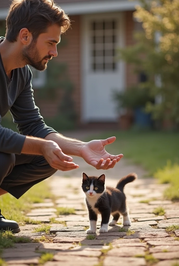 A cheerful kitten playing in the park with a boy