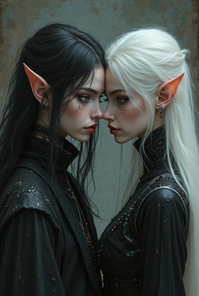(couple), (naughty man, Eyes red, white hair, seducing gaze), (Woman, Eyes red, white hair, serious look,) (dark skin couple) (naughty man pele escura), (dark skin woman), (couple looking at each other) (naughty man elfo), (elf woman), (naughty man vestindo roupa preta), (woman wearing black clothes)