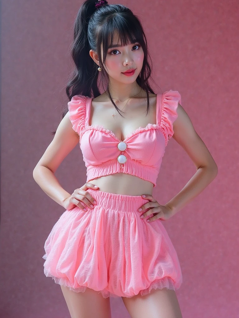 live action、idol、 Miniskirt Outfit 、 pink costume、Shake it、 fluttering、
I can see pink pumpkin pants、
Jump up and down on stage in a cute way、
ponytail、black hair、with bangs、
shaped like a marshmallow
I-cup
large
raised
skin texture
whiten skin、
thighs、thighsフェチ、legs、
smile、可愛いsmile、
serious gaze
20 year old woman