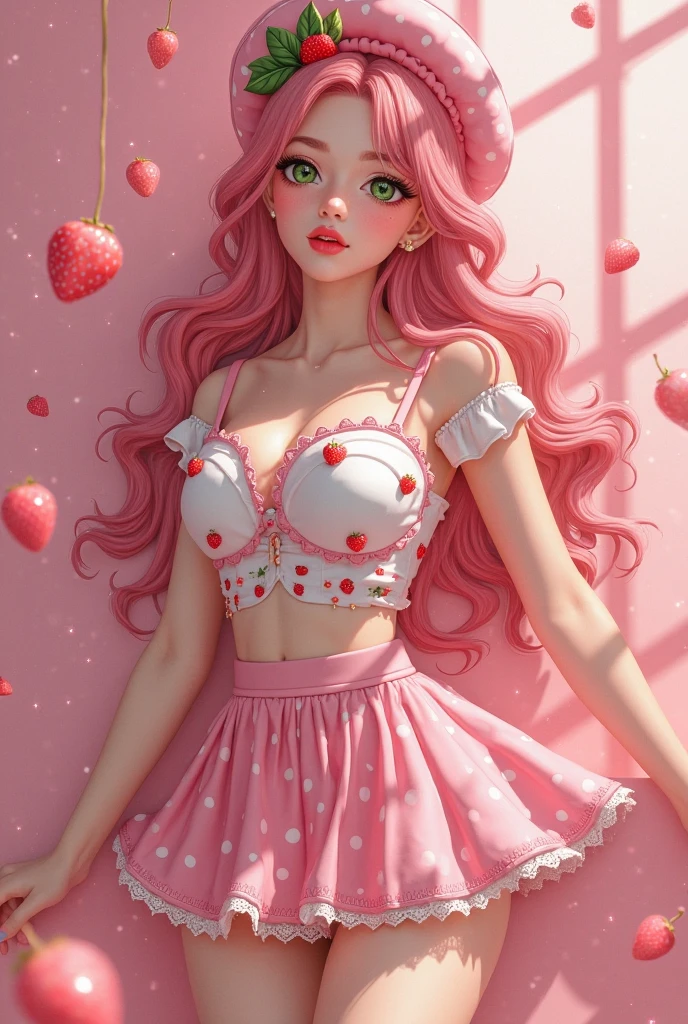 Free Fire female character with long red hair down to the shoulders, bunny ears, black lipstick, dark eyes, eating strawberries, short white blouse, pink details, pink leather skirt, silver details, red heels