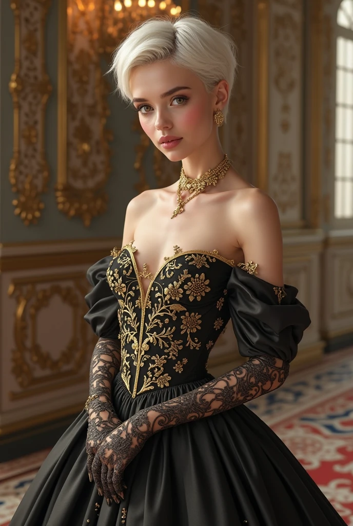 1girl, glowing pillars, dramatic cinematic lighting, detailed face, looking at viewer, (masterpiece, highest quality, software:1.4), (hyper-realistic, realistic:1.3), detailed hair, (exaggerated ornamental ornate shoulder pad:1.2), sparkling eyes, cleavage, (sophisticated black dress design:1.4), caucasian, (blonde hair:brown hair:1.2), (brown eyes), long swept bangs, eyelashes, fake lashes, thin eyebrows, long hair, (tareme, (half-closed eyes:0.6), black eyeshadow), 