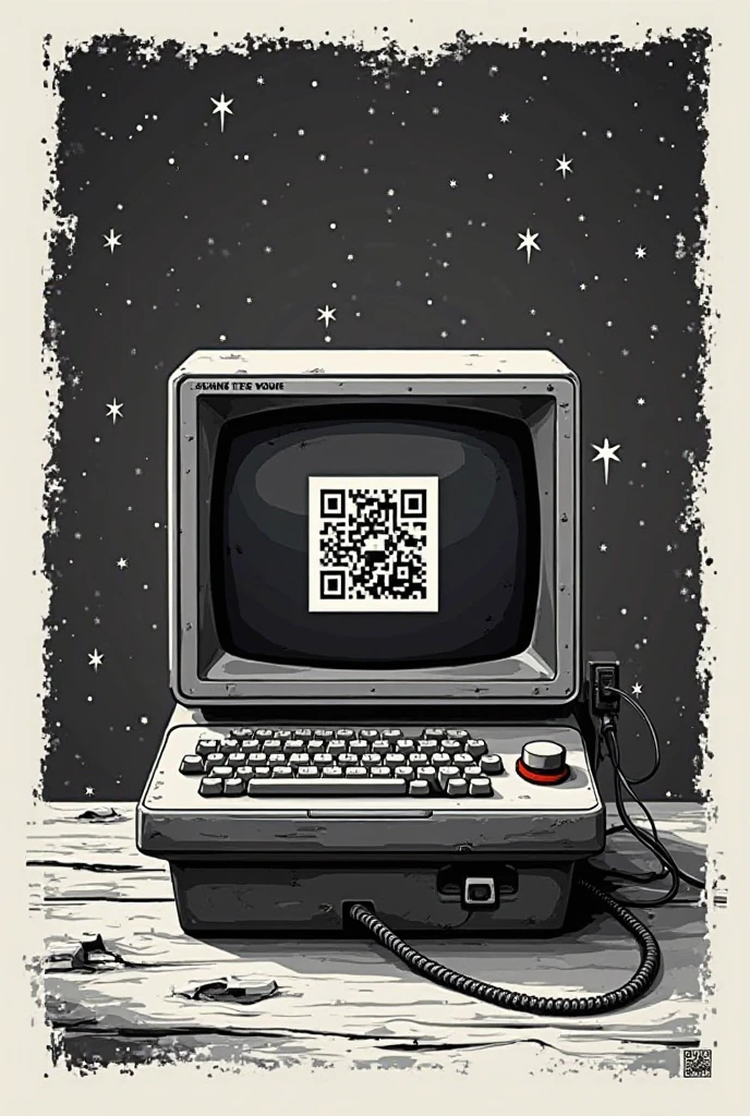 j'aimerai que tu me crée une affiche, style flyer inspiré d'un design qui évoque les vieux terminaux de commande, le minitel, en Pixel Art ..Ce flyer doit permettre aux chouetteurs qui vont se rendre au films de la révélation qu'ils peuvent accéder à l'application via un QR Code. Mettre un petit message mystérieux qui appelle la communauté à s'unir pour réunir les fragments de souvenirs. Je veux que ce soit en noir et blanc parce que ça va etre imprimé en noir et blanc enbasse qualité