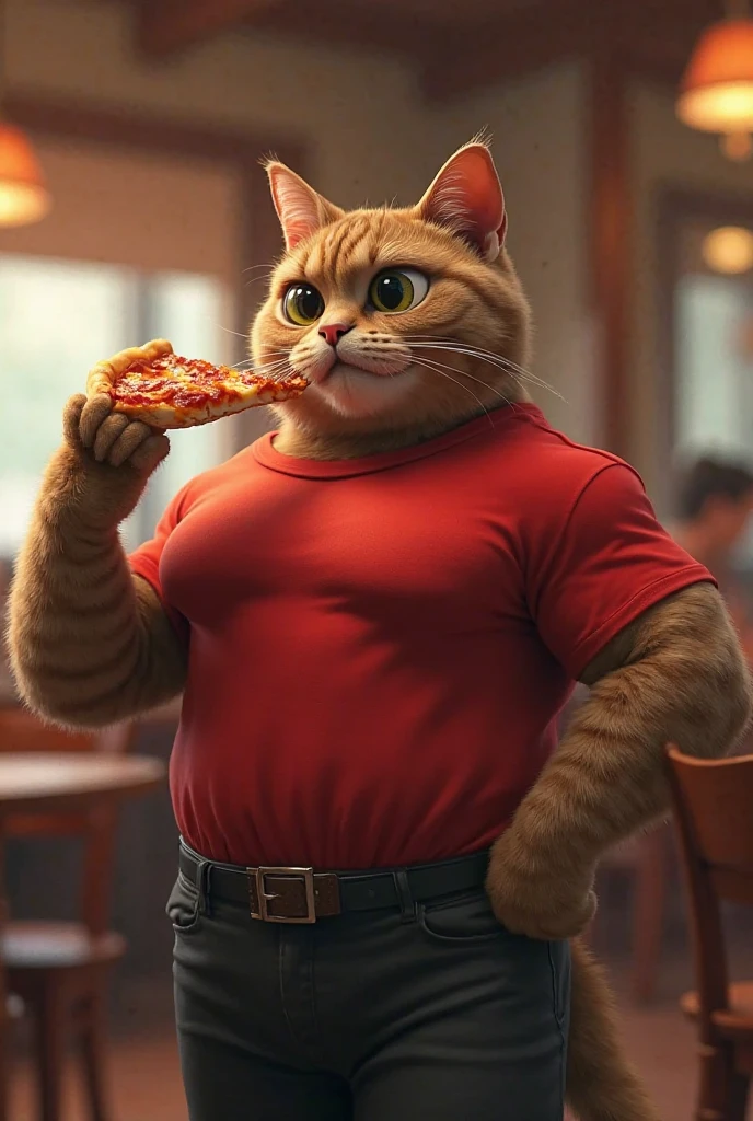 professional photos [(((buffswoldage))):buffswoldage:8], wearing sunglasses,grin, cat&#39;s body, Cat eating a big hamburger in a restaurant, wear a tank top,white tank top,muscular body,hairy body,dramatic light like a movie, smooth transition, Bokeh,