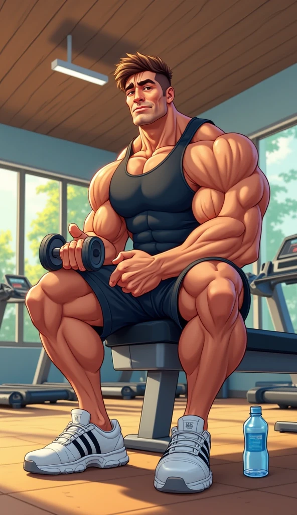 whole body of a muscular and sweaty man, face similar to actor Chris Evans, with bare torso, in white underwear and shoes, completely laid out on a metal chair, with your back against the backrest and your legs fully extended and arms crossed, totally relaxed body.