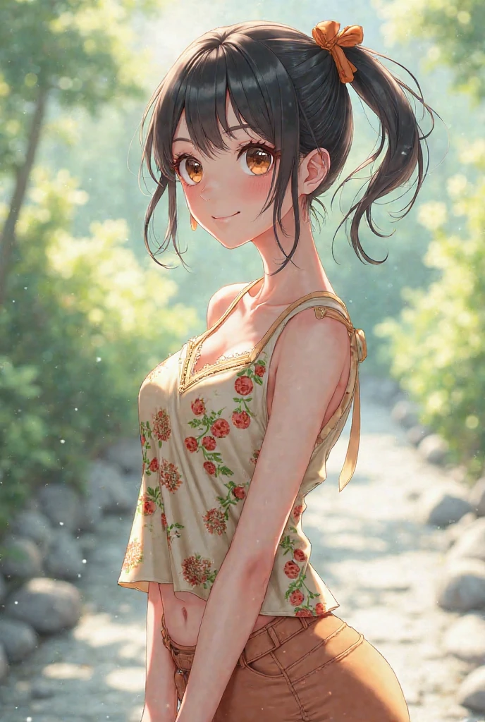 masterpiece, detailed, trending on art station, exquisite product view, soft lighting, 1girl, flat chest, ((( natural smile ))), petite, short brown hair, side ponytail, hair bow, green eyes, pink camisole, crop top, denim short shorts, shorts pull, lying face down, cherry blossom tree, falling petals, hands on chest, <lora:GoodHands-beta2:0.8> <lora:MorikuraEnStyle:1> <lora:hipoly_v2:0.5>