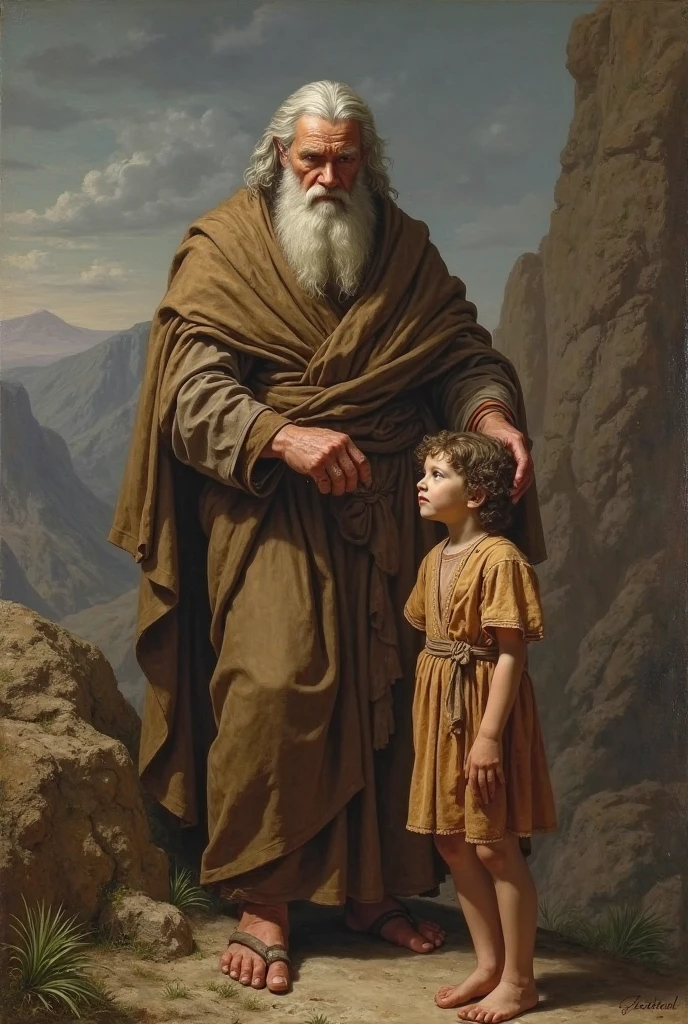 Create a comic based on the story of Abraham, when he sacrifices Isaac
Isaac on a stone altar and Abraham embraces him