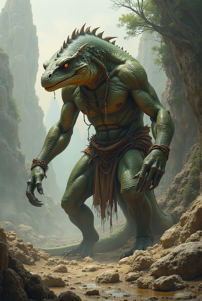 a ferocious male lizardfolk druid, muscular detailed body, masculine pose, tall ???????, wearing pants and cloak, comic book style illustration, best quality, 4k, ultra-detailed, realistic, by laobai, by taran fiddler, by honovy