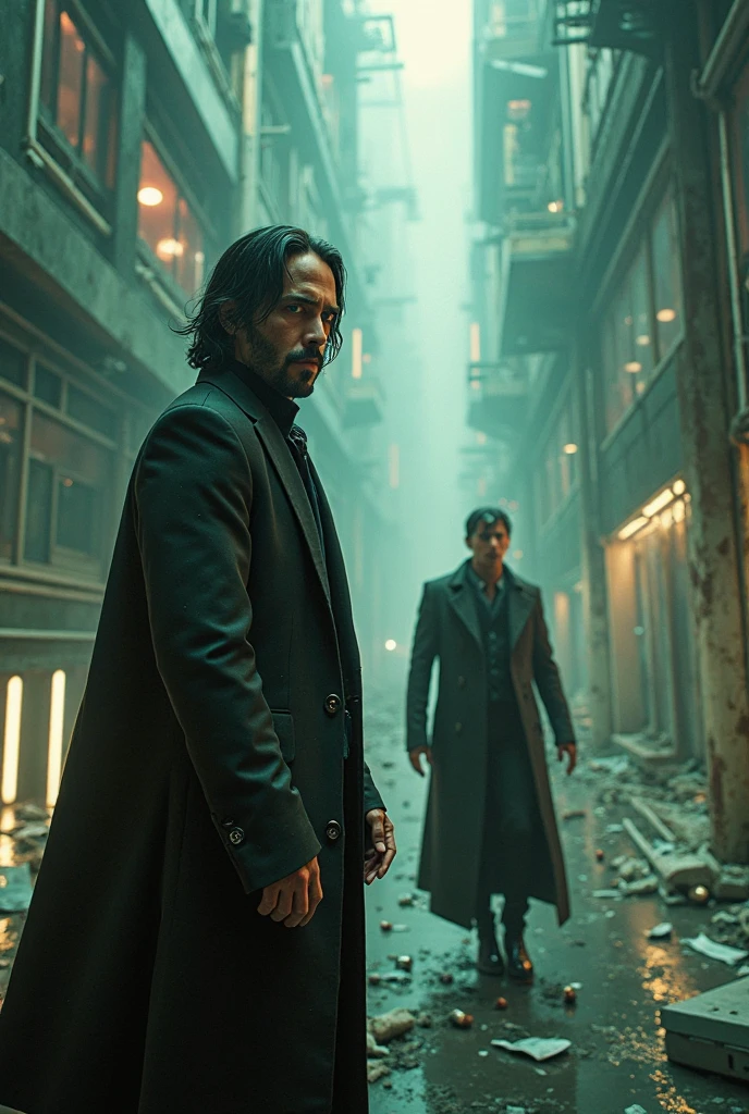A John Wick style war scene. bloodstains, slaughter and bodies everywhere