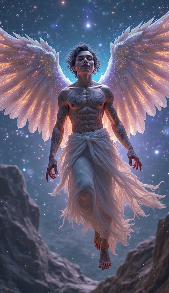 Masterpiece, high quality, Man without face or physical features, Angel wings, a giant eye flying in the head, morbid appearance, not mouth, no eyes on face, floating eyes, biblical angel, imposing aura, NOT clothes, nor gender traits, hairless