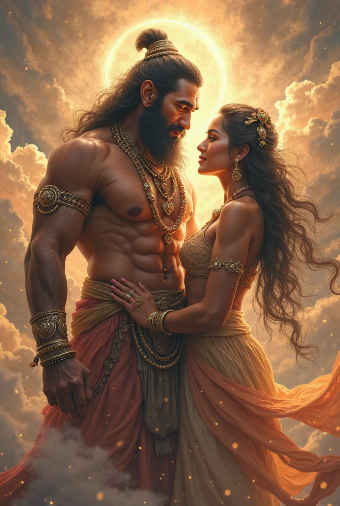 Male shaman and a female yogini, sacred rebels. He is muscular, broad, bald, bearded. She is blond, long haired, voluptuous, hourglass body, toned with abs, a lot of hippie style ethnic jewelry, scantily clad in tones of pink and white. Psychedelic picture of a very attractive couple, sparks flying, polarity, spiritual.
