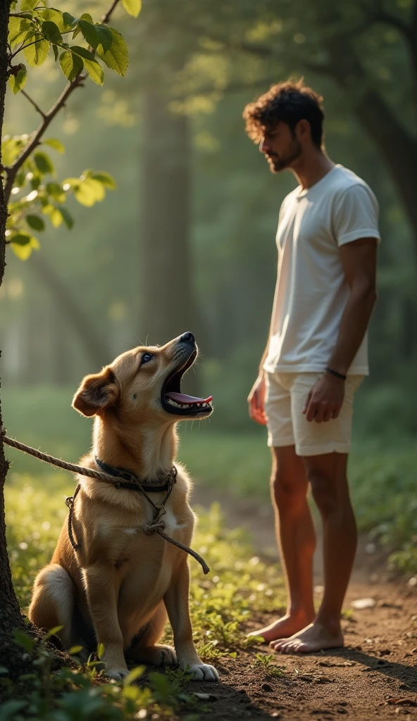 A sad little dog, crying a lot tearing up tears in his eyes, sitting with a rope tied the dog's body to the tree, And next to it a tall man, white t-shirt , white barefoot shorts, looking at the dog, dia claro