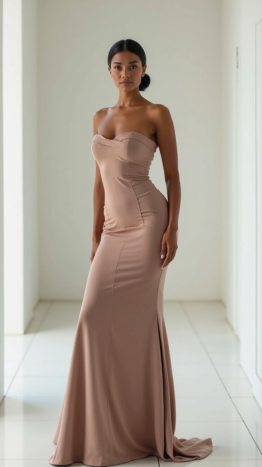 (masterpiece), (best quality), 8k resolution, 1girl, stunning beauty, perfect face, mature africa american female, 20yo, sexy, flowing silky satin gown, curvy body,