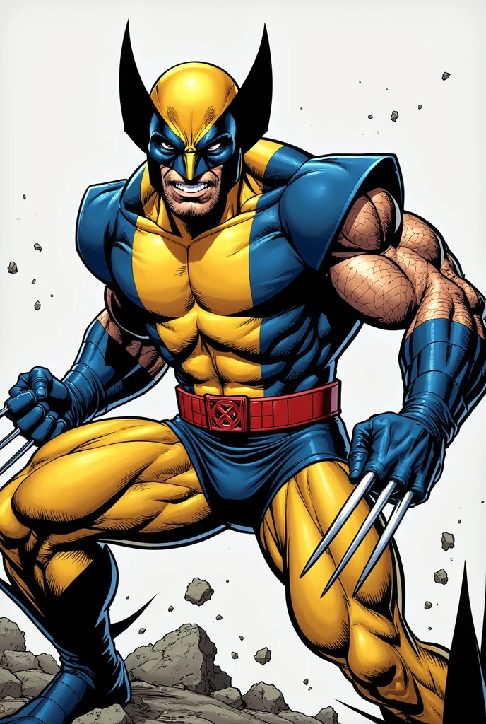 Wolverine wearing his Blue and Gold X-Men outfit, thick comic lines, in the style of Todd McFarlane, dynamic striking pose
