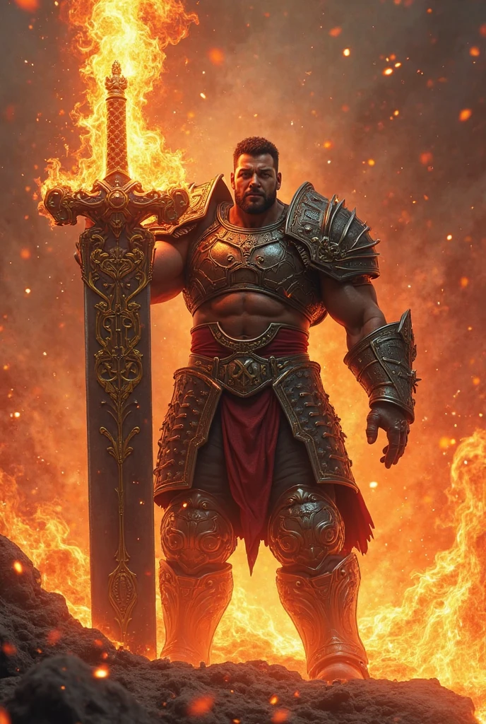 A buffed up man with a giant sword standing on the middle of a wild fire and some fallen soldiers . His left eye releses dark flames . Anime styled .