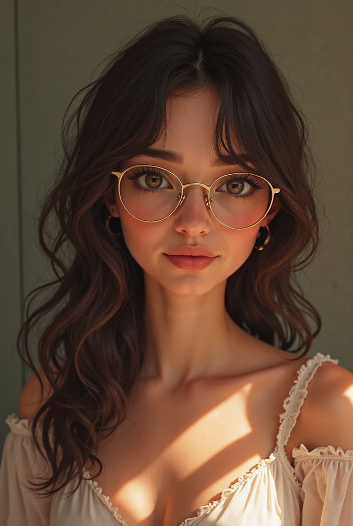 dynamic close-up of the upper part of 1 French woman, black, extremely slim and beautiful, perfect body, (well-shaped and delicate face with (piercing gaze)), black skin with highly detailed depth, she is leaning against a brick wall, ( long hair, slightly messy and shiny wavy brown hair, hair over the eyes), (detailed, large, bright eyes, light brown eyes, curled eyelashes, large glasses), (sensual pouting with mouth), wearing a short sweater showing shoulders, (she is shining with sweat), ultra realistic image, Perfect Symmetry, vibrant and sharp, dynamic vision, high quality, hyper-realistic and cinematic 32k.