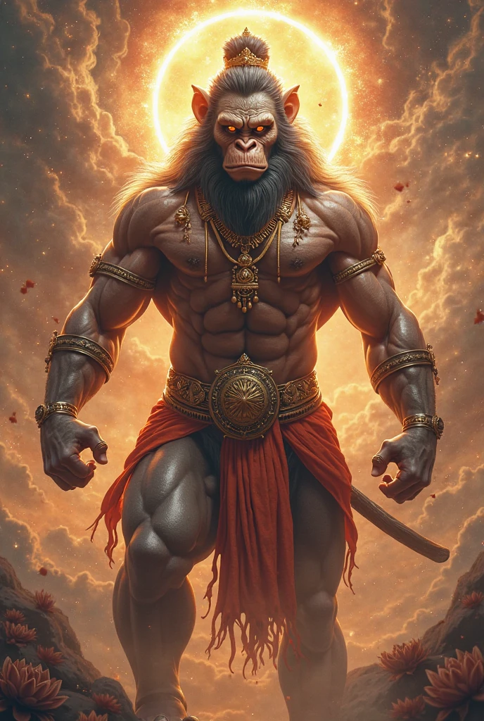 wrathful man, muscular build, scarlet red skin, angry face, black long hair and beard, tigerskin kilt, standing menacingly over throne. holding an lasso and lotus flower. alphonse mucha art nouveau style