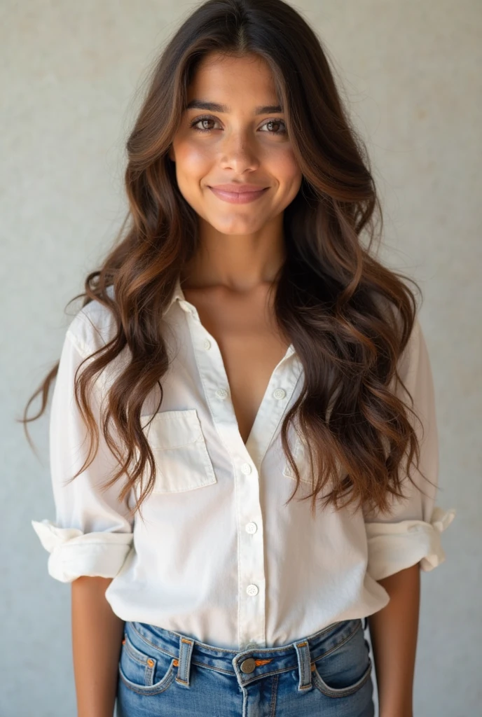 a photo-realistic portrait of a beautiful Palestinian woman with long brown hair, light red shirt, white teeth, and a cute smile, with highly detailed and realistic facial features, modest expression, and realistic white skin tone