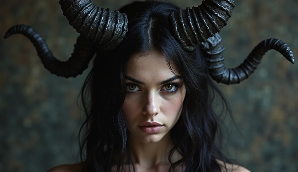 tunning highly detailed portrait of a tall and strong young woman, full body nude, wearing tribal desert clothing, head adorned with many horns, orange glowing eyes, elf ears, photorealistic, 8k, hyperrealistic, studio lighting, dramatic cinematic lighting, elegant, powerful, mystical, fantasy, digital art
