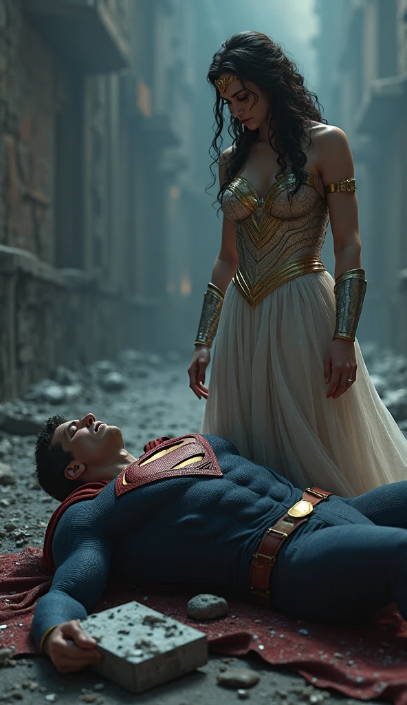 Superman and Wonder woman sit in a chair And tightly tied with roop in a old and dark factory.Make the image cinematic