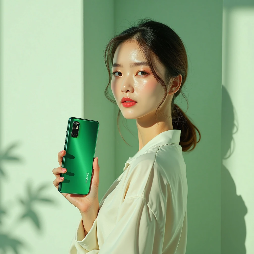 arafed woman taking a selfie in a mirror with a cell phone, she is holding a smartphone, vibrant aesthetic, 8k selfie photograph, ruan cute vtuber, colourfull, selfie of a young woman, shot on canon eos r 5, shot on canon eos r5, colourful, highly colorful, with lovely look, in blue and yellow clothes