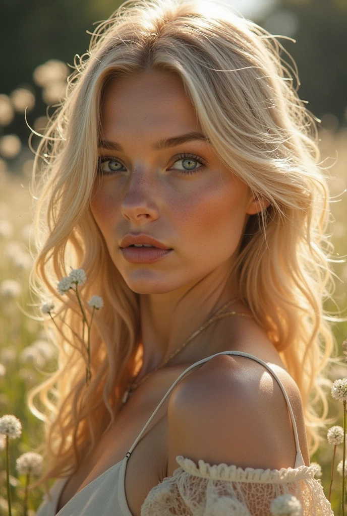 Une jeune et belle femme de 20 ans, coiffure long cheveux blonds, grands yeux verts regard perçant, à la peau claire, gros seins parfait, Debout dans un champs L'environnement est éclairé par des lumières chaudes et agréables.. vu éloignerfais briller tes cheveux, Son visage était naturellement serein., lèvres avec rouge à lèvres, Texture 8k, très détaillé, réaliste, lumière douce et cinématographique, HDR, netteté, chef-d'œuvre, Fotor est réaliste, photographie primée, un Canon EOS R5, 35 millimètres