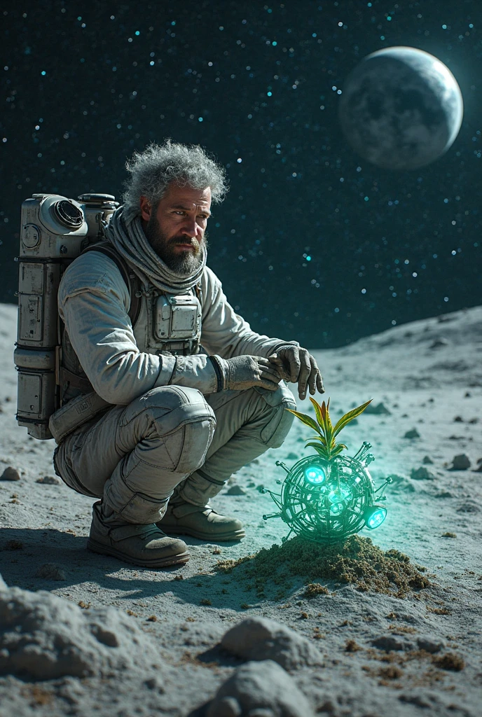 Create an image of a space farmer on the moon, that grows something ...