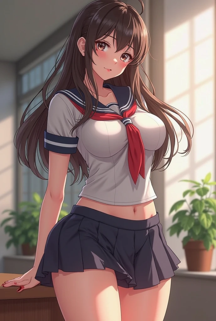 masterpiece, best quality, highres, chi1, 1girl, long hair, braid, one side up, solo, white underpants, red ribbon, naked, big breasts, nipple, bangs, neck ribbon, puffy short sleeves,  cowboy shot, outdoors, smile, stair, tree, building,