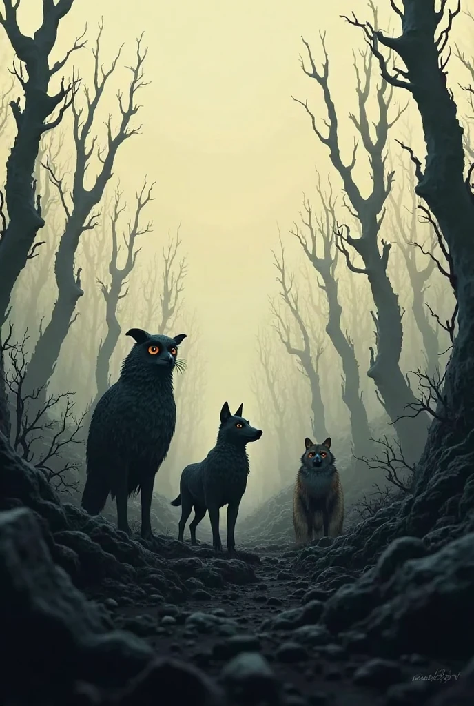 ravens, owls and a black panther in a forest, at night