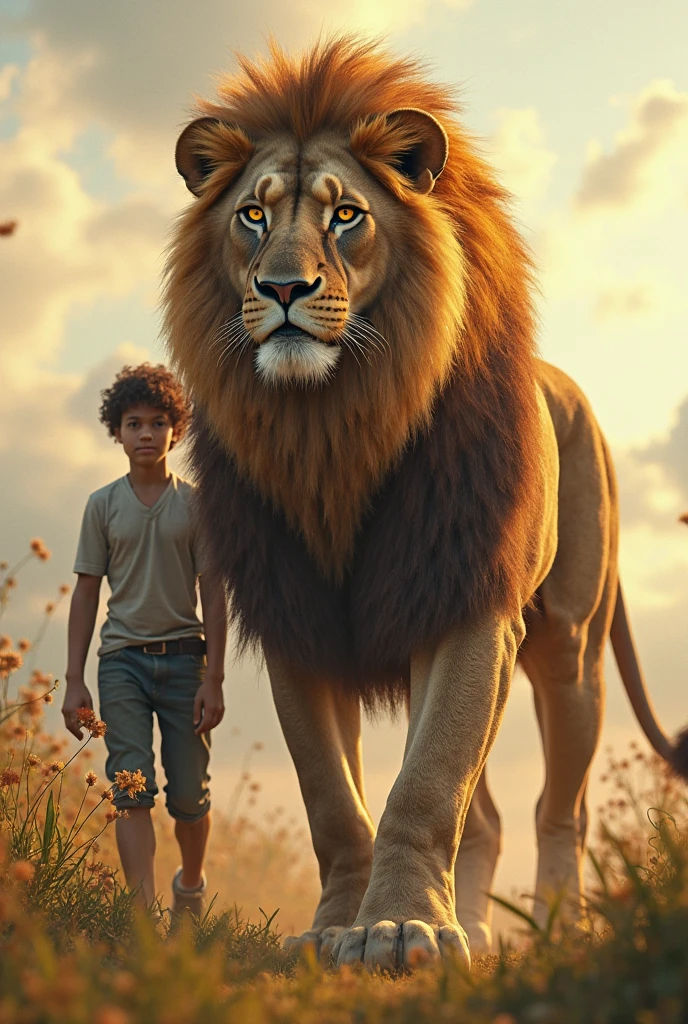 Child and Lion by a Waterfall:
A young child, with wide eyes filled with wonder, stands on the right side of a serene forest scene. A majestic lion on the left side gazes down at the child with a gentle, compassionate expression. Behind them, a sparkling waterfall cascades down, surrounded by lush greenery and soft sunlight filtering through the trees. [Photorealistic, ultra HD, vibrant colors, cinematic lighting, tranquil atmosphere].