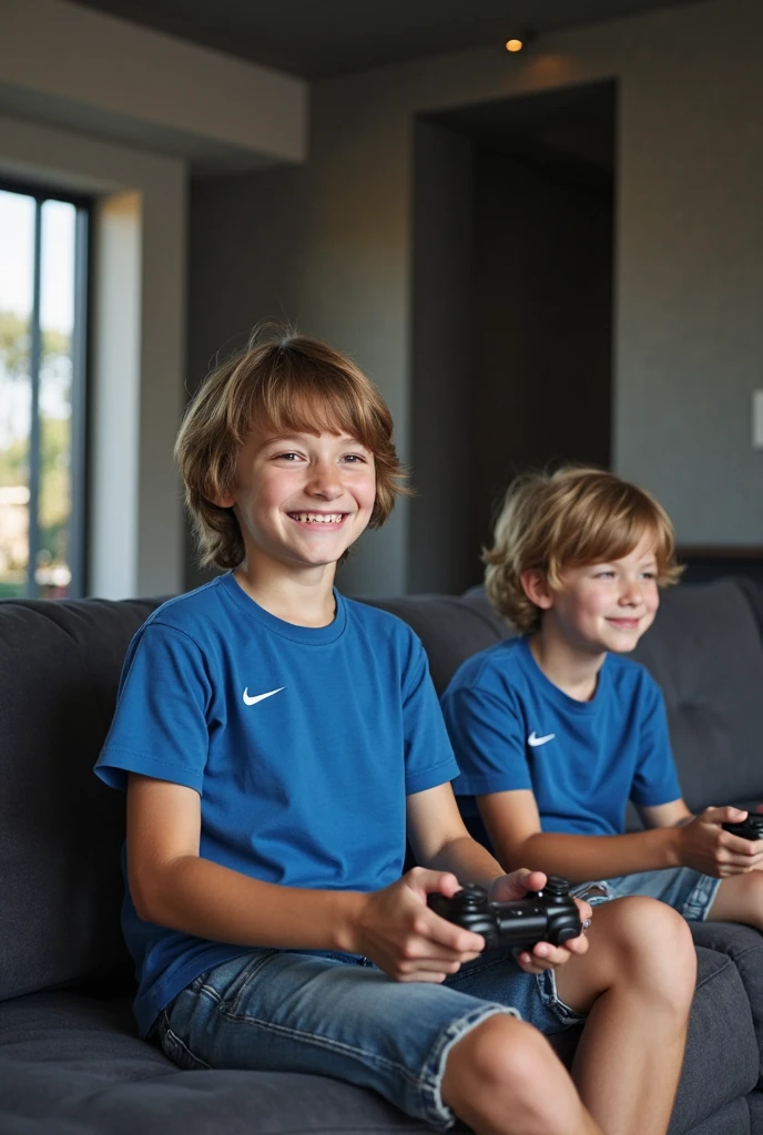 50mm film photography, Photorealistic, photojournalism, Two small boys, one with white skin, black fur, black eyes, the other with blonde skin, blue eyes and brown hair, playing Mortal Kombat Ultimate 3, on the Super Nintendo Entertainment console System (snes) from the 90s, using an original wired controller from the Super Nintendo Entertainment System (snes) console, The controller should be realistic and detailed like a video game controller from the original Super Nintendo Entertainment System (snes) console. both children sitting on the couch with a happy expression on their faces. The 2 people look authentic and real, they are in a very real natural environment, with the light in the room off and the reflection of the television, a vivid and natural color palette, high contrast image, 8K, masterpiece, The best quality, High resolution, necessary, high definition Model, detail, high definition, textured skin, Very detailed, quality, high quality, high details, Accurate, UHD, High quality, HD Model, 8k octane, Photorealistic, Realism, Social realism, Hyperrealism, Impressionism