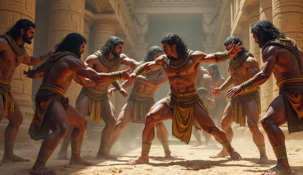 There are many men in a ring playing with a ball, action scene from the film, cena de luta, cena de luta, cena do filme live action, Cena de luta coreografada, em uma paisagem de arena de gladiadores, gladiador, cena de combate, battle action shot, epic fight scene, ainda de um filme live action, membros da tribo atacando, gladiador romano, maximus jacobs