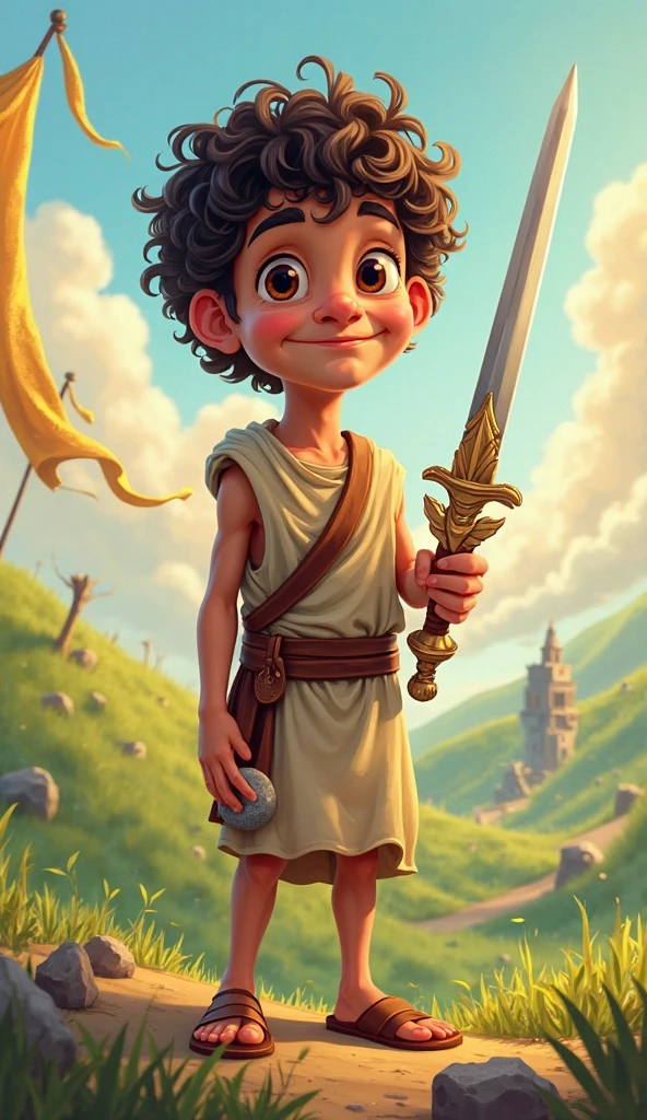 Full body animated boy in biblical warrior costume with armor in action painting a picture