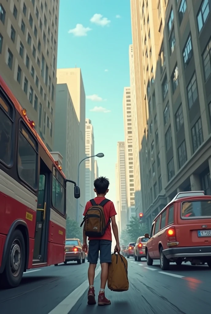  A Latino boy looking from afar at the bus stop with people going to school 
