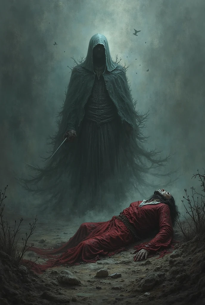 male warlock dnd, undead body, wearing a bloodstained white hood cloak with a blood