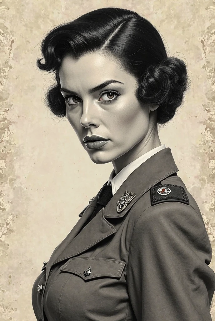 Modern female soldier, illustration by Roy Krenkel, extremely detailed, intricate background details, close-up, beauty, clean ink lines, fine details, crosshatching shadows, etching