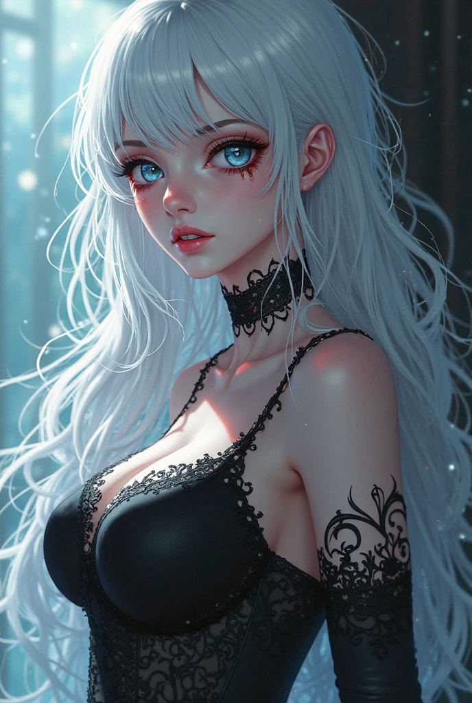 Depth of bounds written, detailed eye, ((CG illustration)), ((face focus)), ((masterpiece)), ((8K)), ((super detailed)), ((Super high quality)), ((cinematic)), ((Photoreal)), ((close up shot)), (solo), (cool girl), very long hair, straight hair, (((thin body))), Glossy skin, ((look away)), (Beautiful goth girl with high cheeks and legs), Gothic makeup, clear eyes, lipstick, dark eye shadow, ((No bra)), choker, earrings, provoke, night, ((full moon)), ((Functional)), Lonely, Visual kei, ((pastel colour)), Unwound clothes, forget, kiss, White Knight, dark, silence