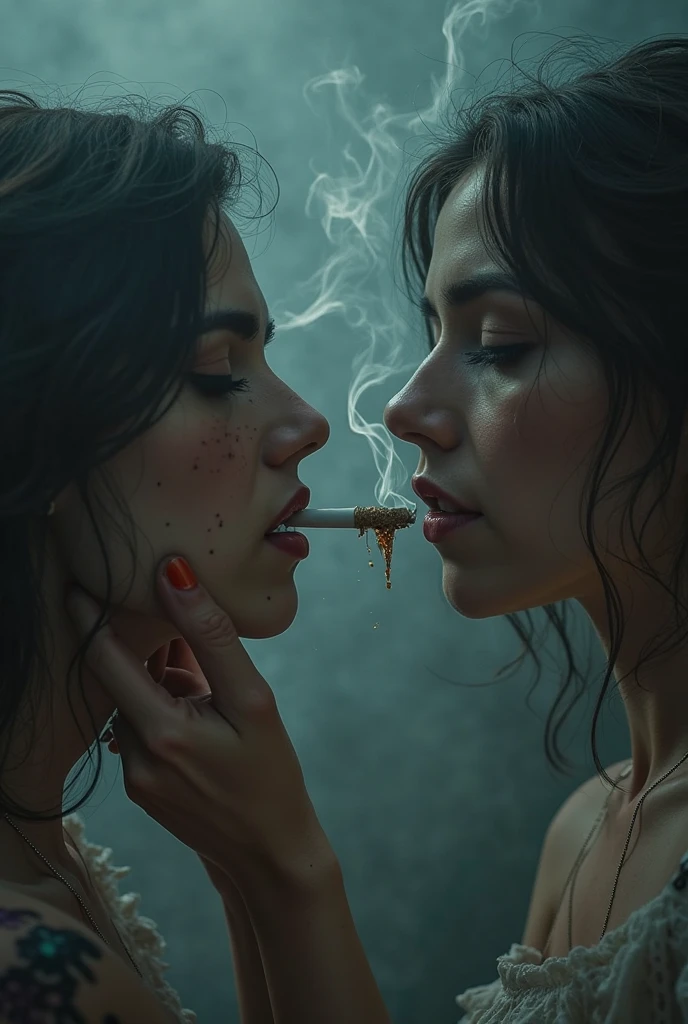 (photorealistic), (cinematic lighting:1.5), (photography), (realistic skin texture:1.1), (professional lighting),
2girls, very close, profile, black hair, blue eyes, close-up, shotgun smoking, shirt, closed eyes, dark, monochrome, kiss, backlight, , silhoutte
<lora:Shotgun_Smoking_XL:1>