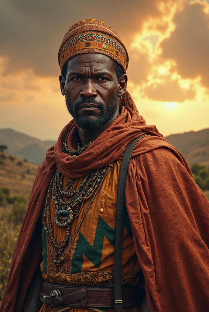 "Young man of African ethnicity, tense climate, dark night, incredible campfire, mysterious shadows, striking facial expression, traditional dress, structure of the highlighted objects, warm and dark tones, marked and detailed textures."