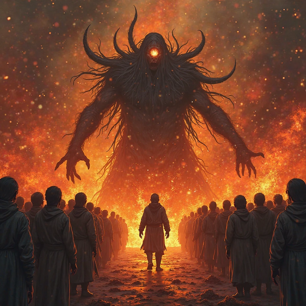 HORIZONTAL IMAGE, 1 demon with several horns on his head and a giant holding the planet Earth in his hands, There are hundreds of vampires allied to the devil around, The demon glows with a bright orange light, the rest is dark reddish purple, 